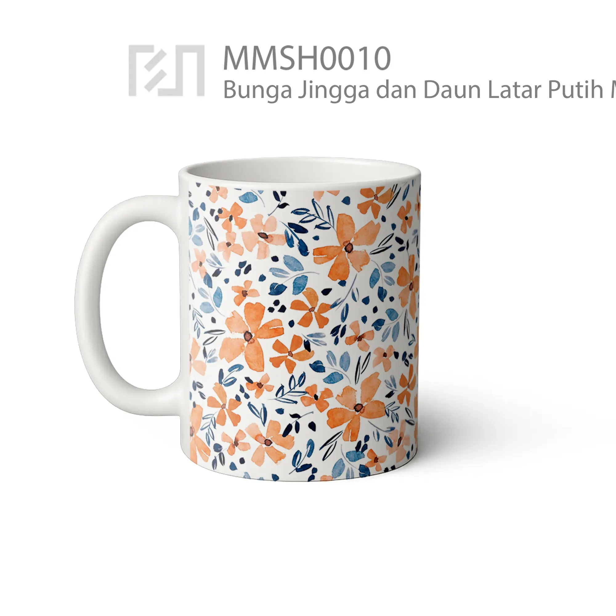 Mug Keramik Premium SNI - MMSH0010 Bunga Jingga dan Daun Latar Putih Mug