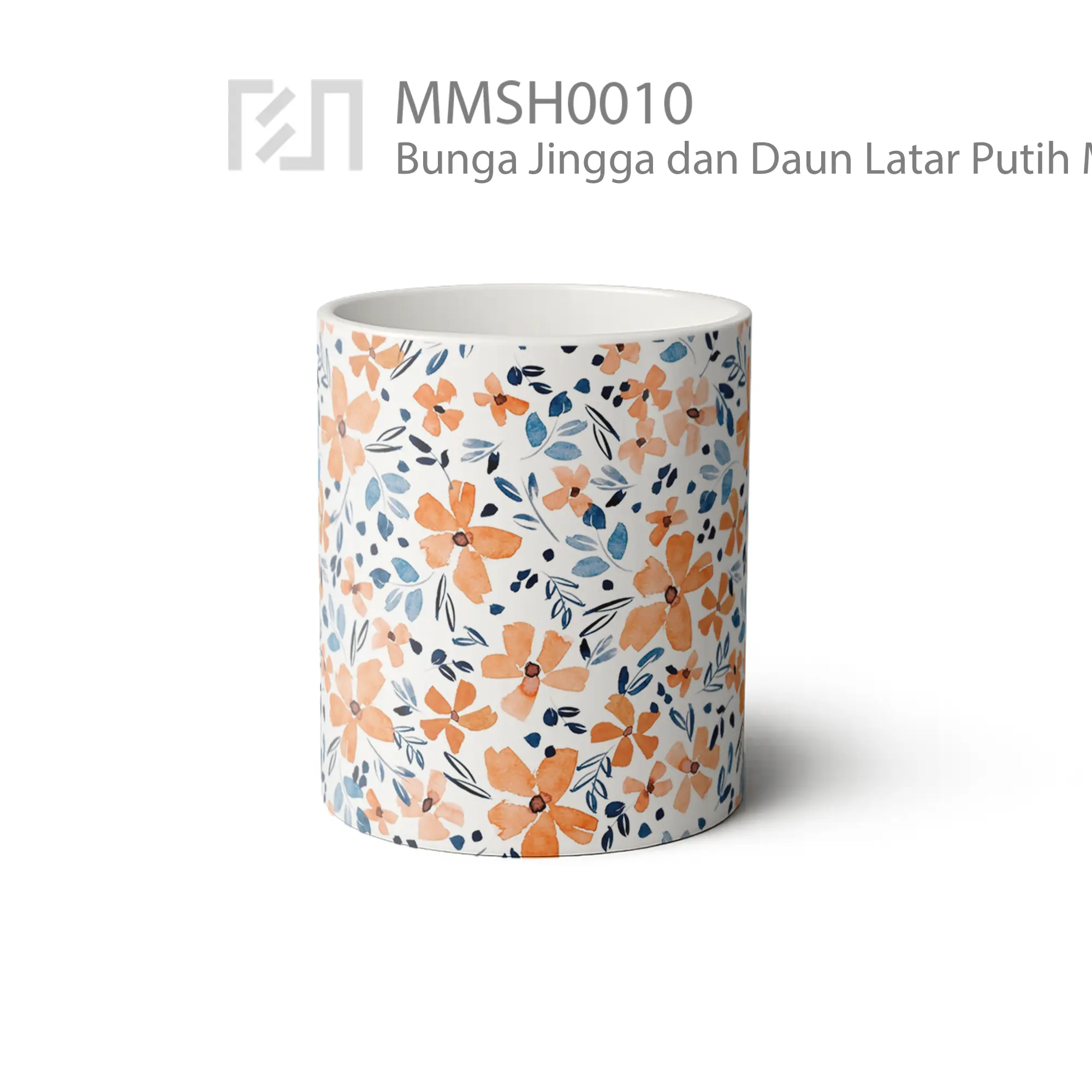 MMSH0010 Bunga Jingga dan Daun Latar Putih Mug - Tampak Tengah