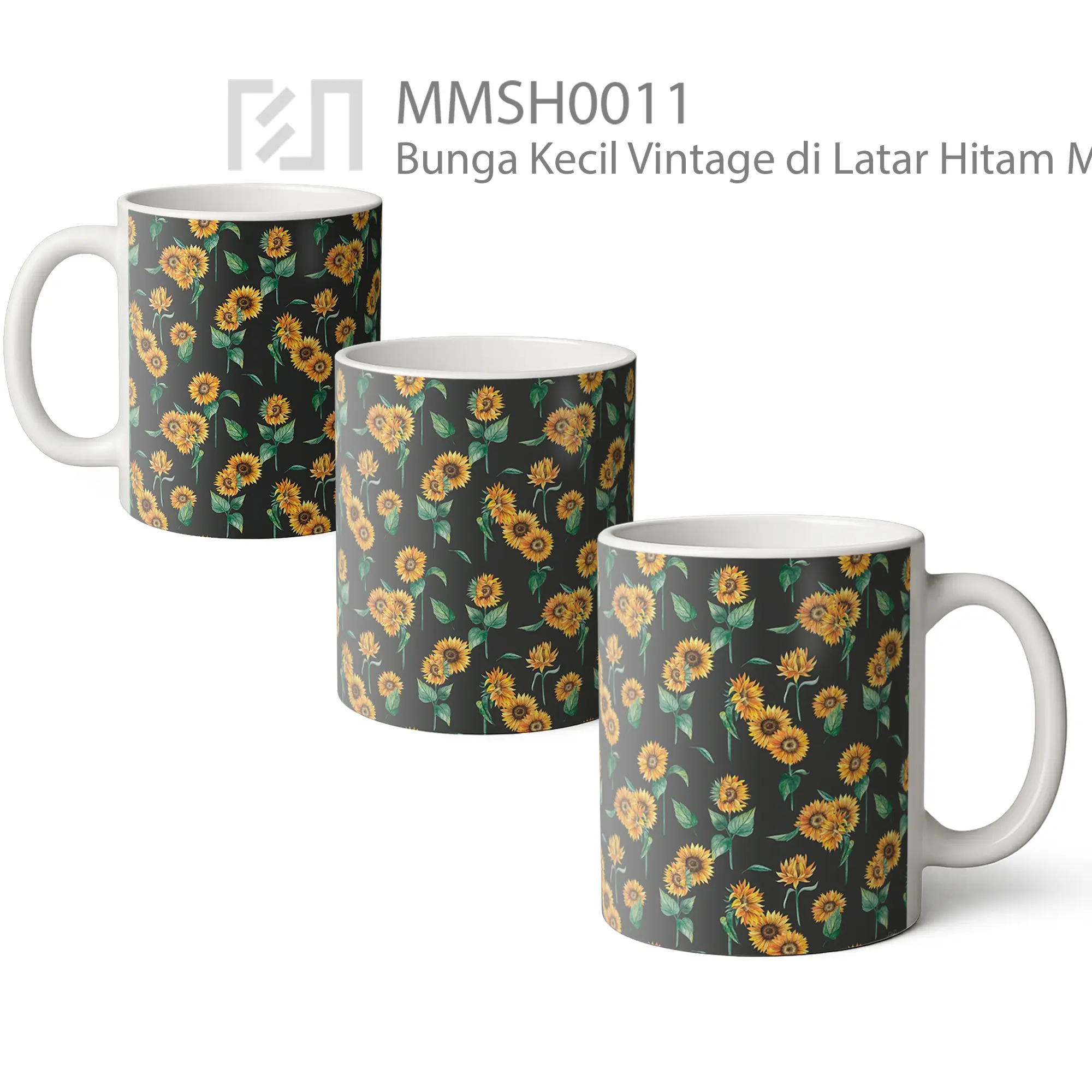 MMSH0011 Bunga Kecil Vintage di Latar Hitam Mug - All-side / Desain