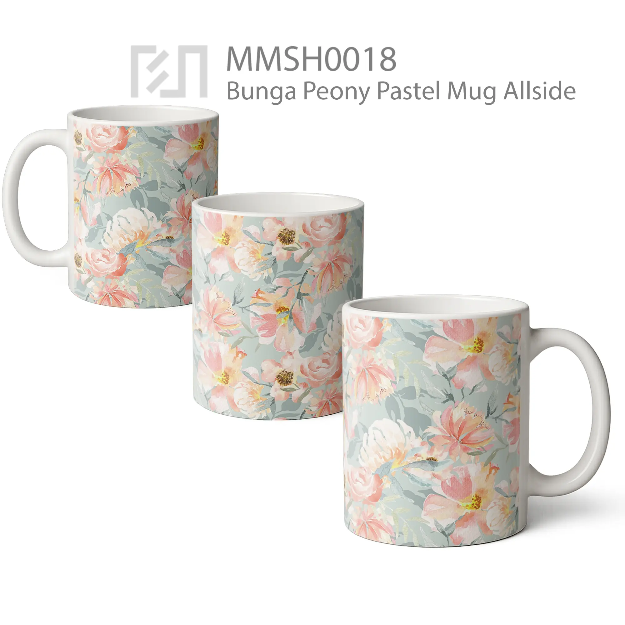MMSH0018 Bunga Peony Pastel Mug - All-side / Desain