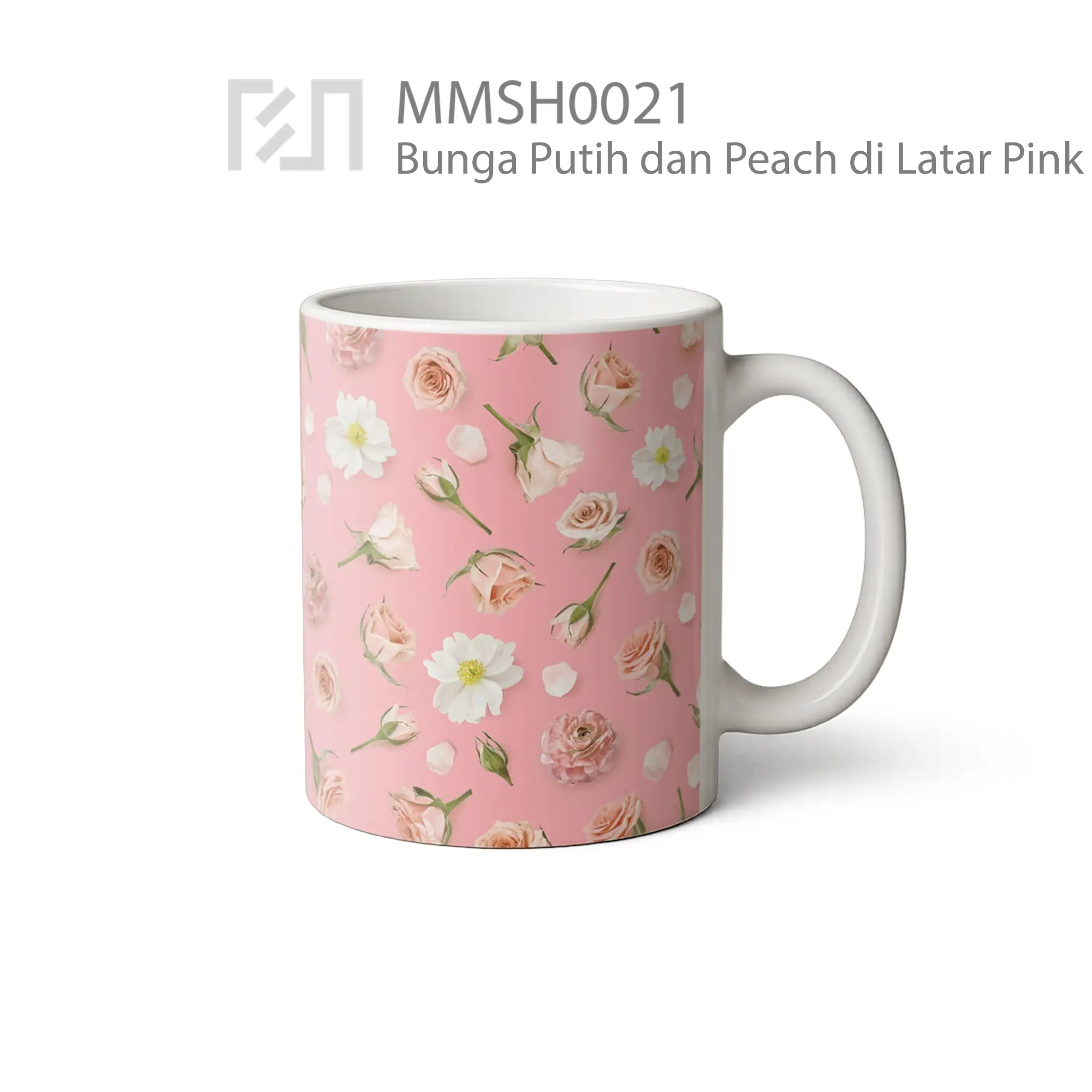 MMSH0021 Bunga Putih dan Peach di Latar Pink Mug - Tampak Kanan