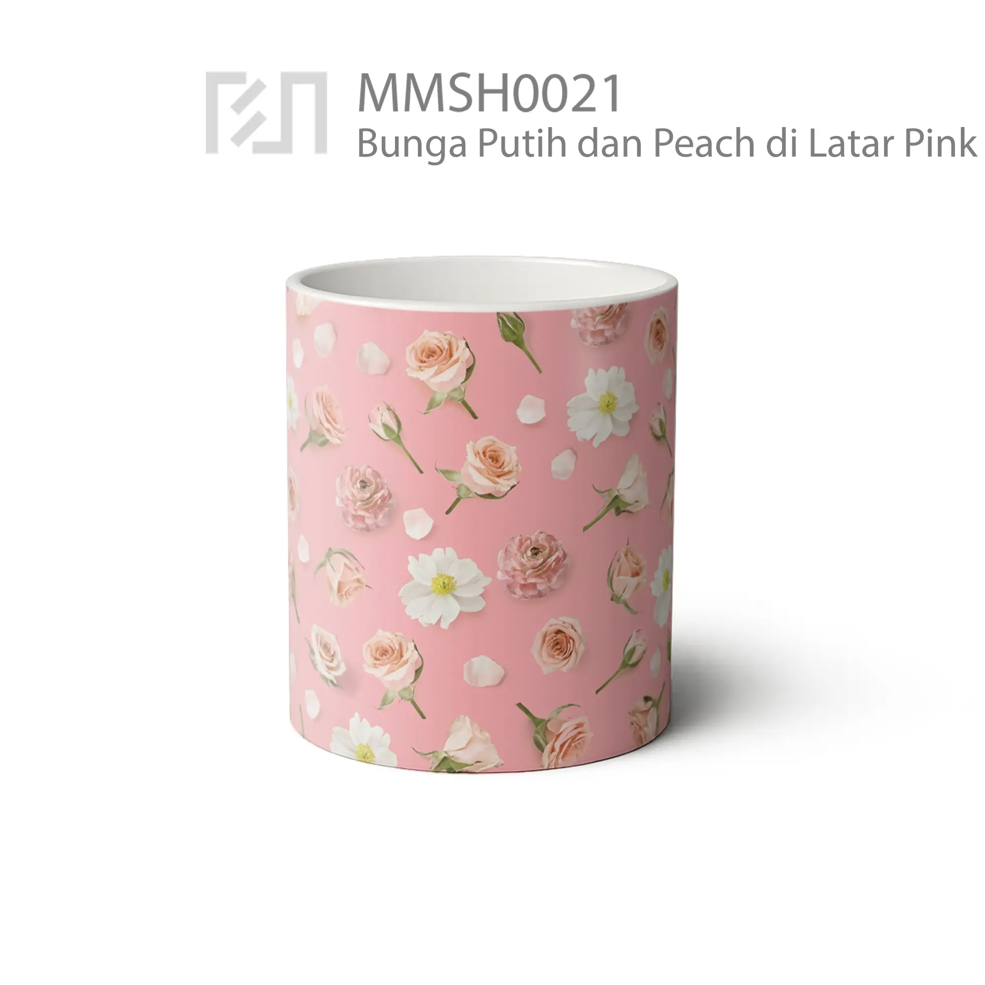 MMSH0021 Bunga Putih dan Peach di Latar Pink Mug - Tampak Tengah