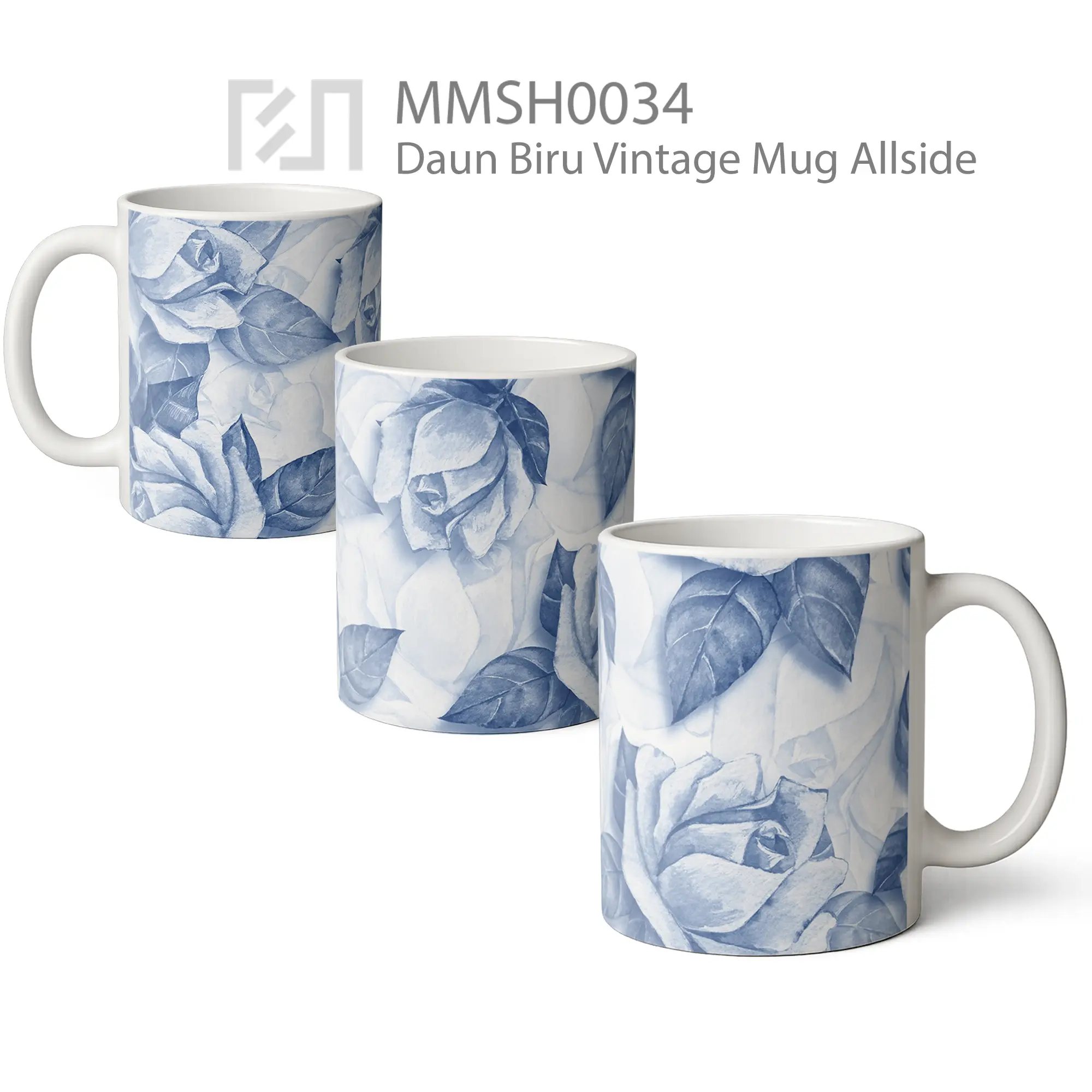 MMSH0034 Daun Biru Vintage Mug - All-side / Desain