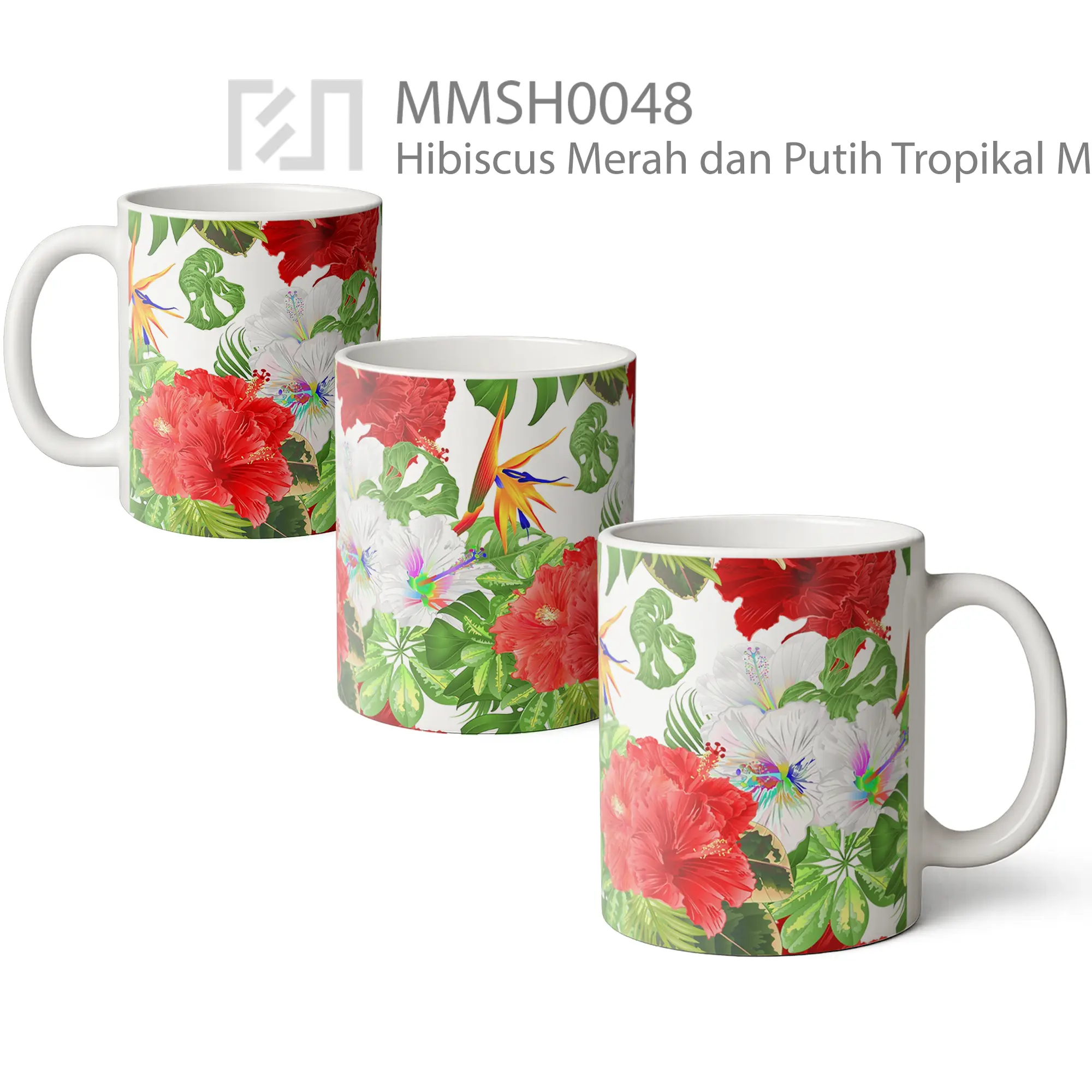MMSH0048 Hibiscus Merah dan Putih Tropikal Mug - All-side / Desain