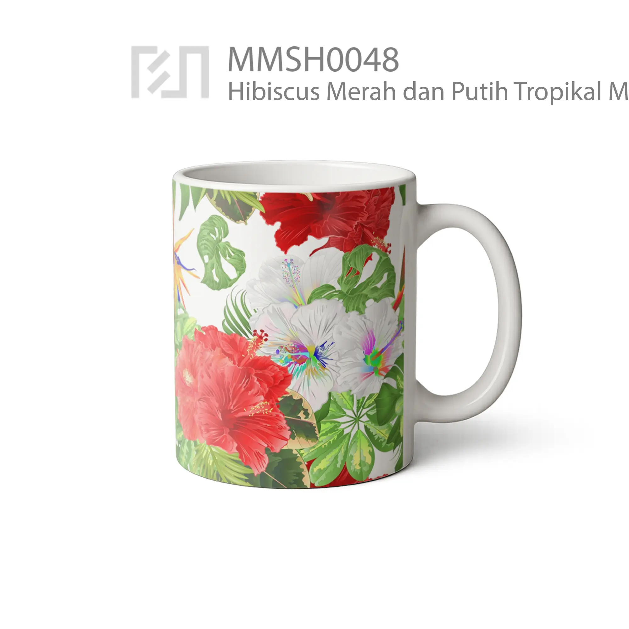 MMSH0048 Hibiscus Merah dan Putih Tropikal Mug - Tampak Kanan