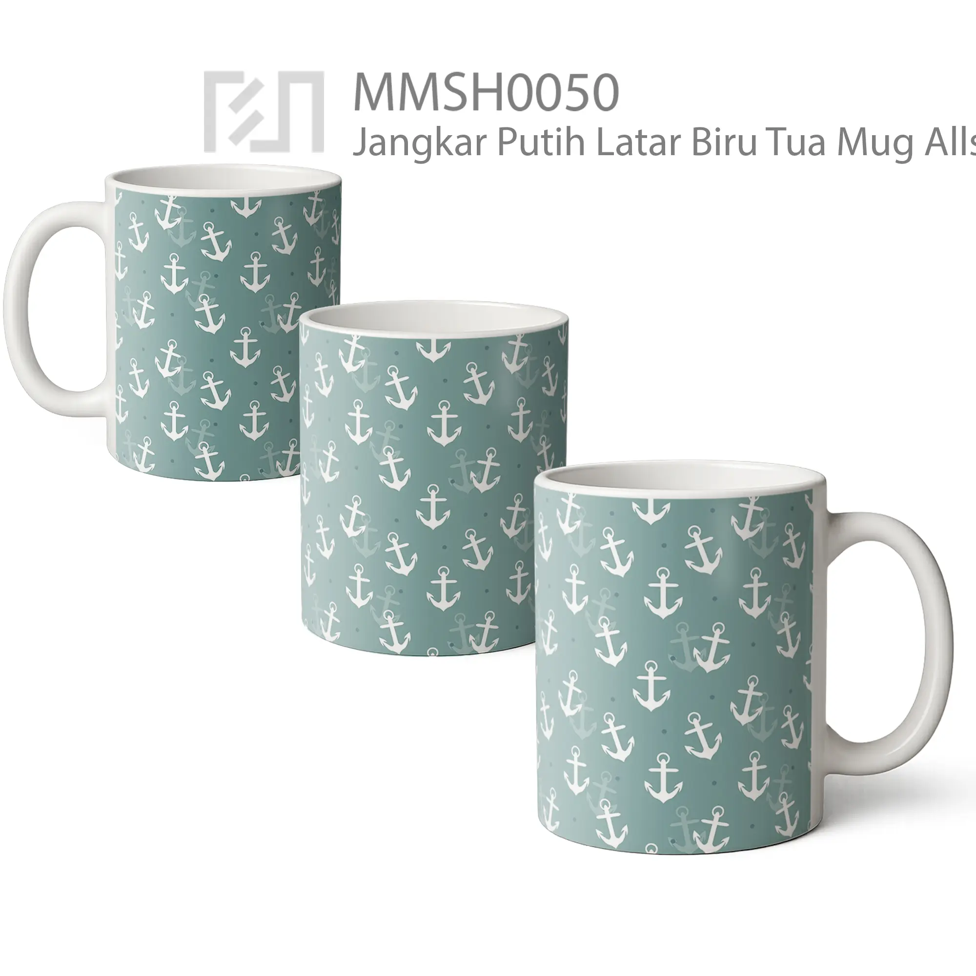 MMSH0050 Jangkar Putih Latar Biru Tua Mug - All-side / Desain