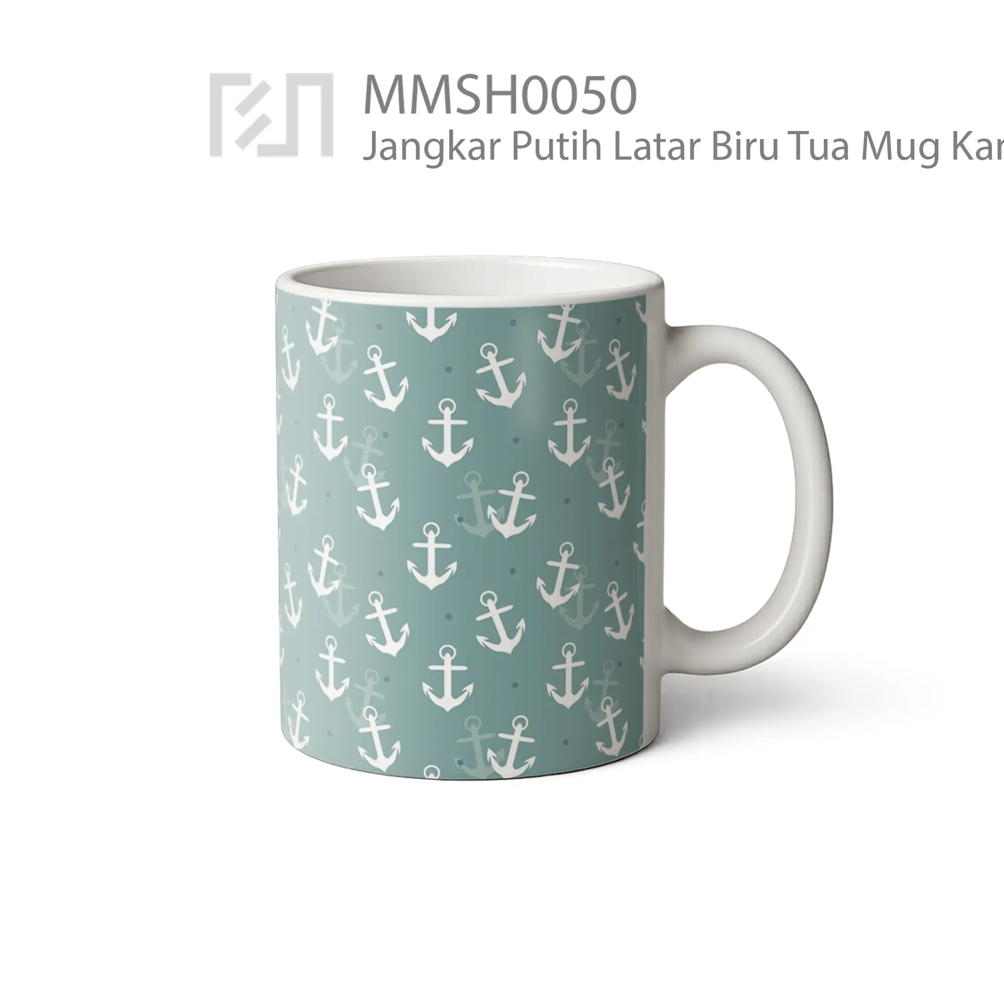 MMSH0050 Jangkar Putih Latar Biru Tua Mug - Tampak Kanan