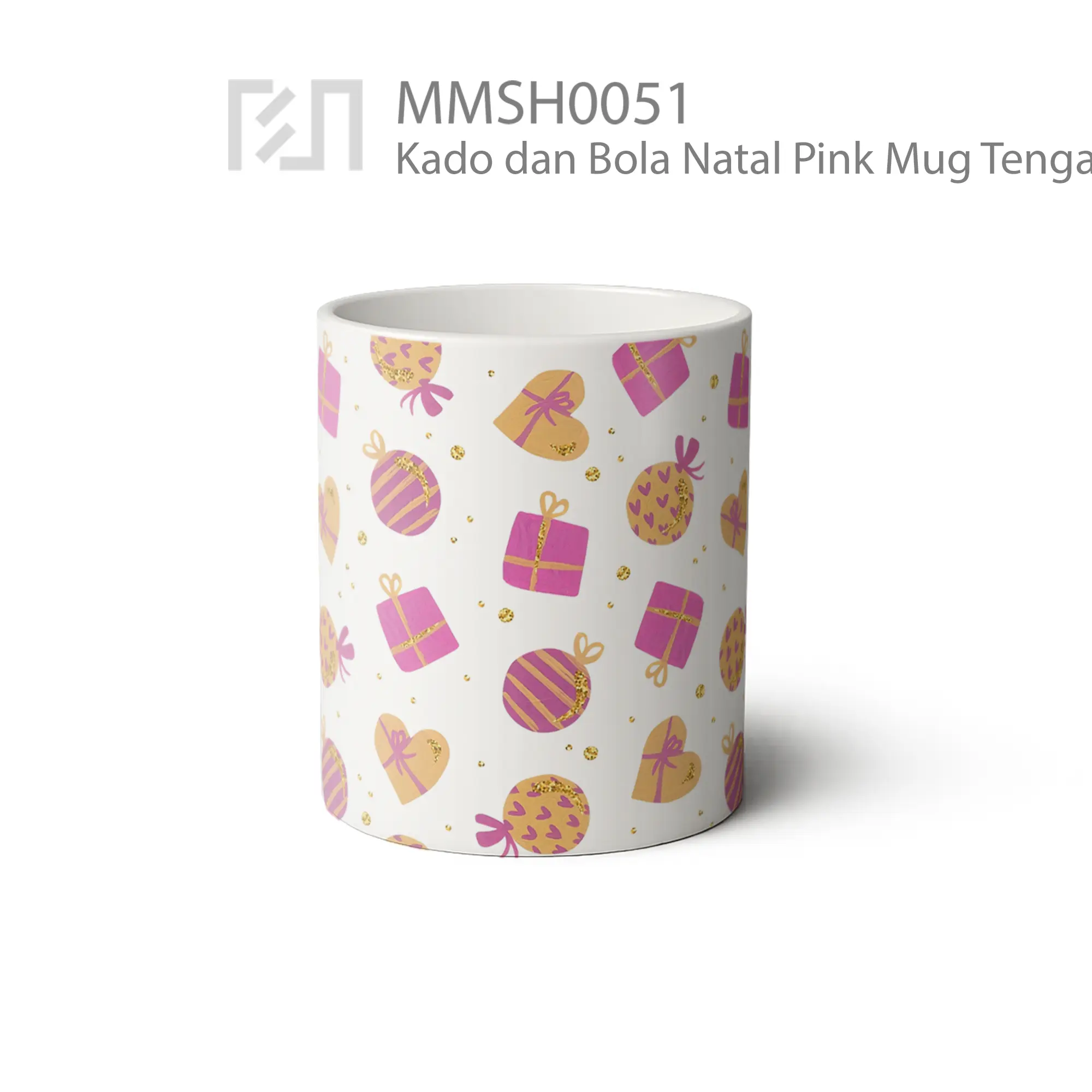 MMSH0051 Kado dan Bola Natal Pink Mug - Tampak Tengah