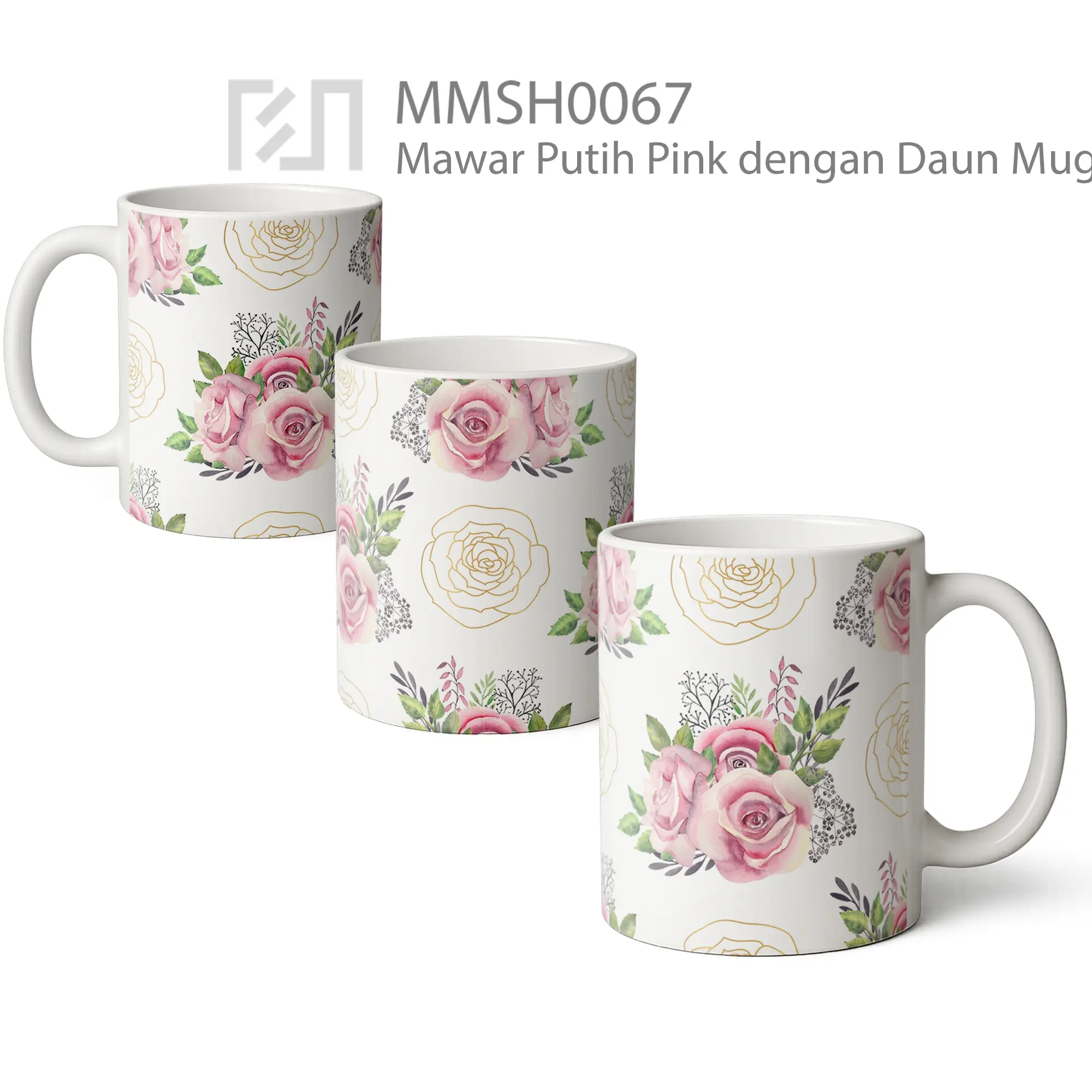 MMSH0067 Mawar Putih Pink dengan Daun Mug - All-side / Desain