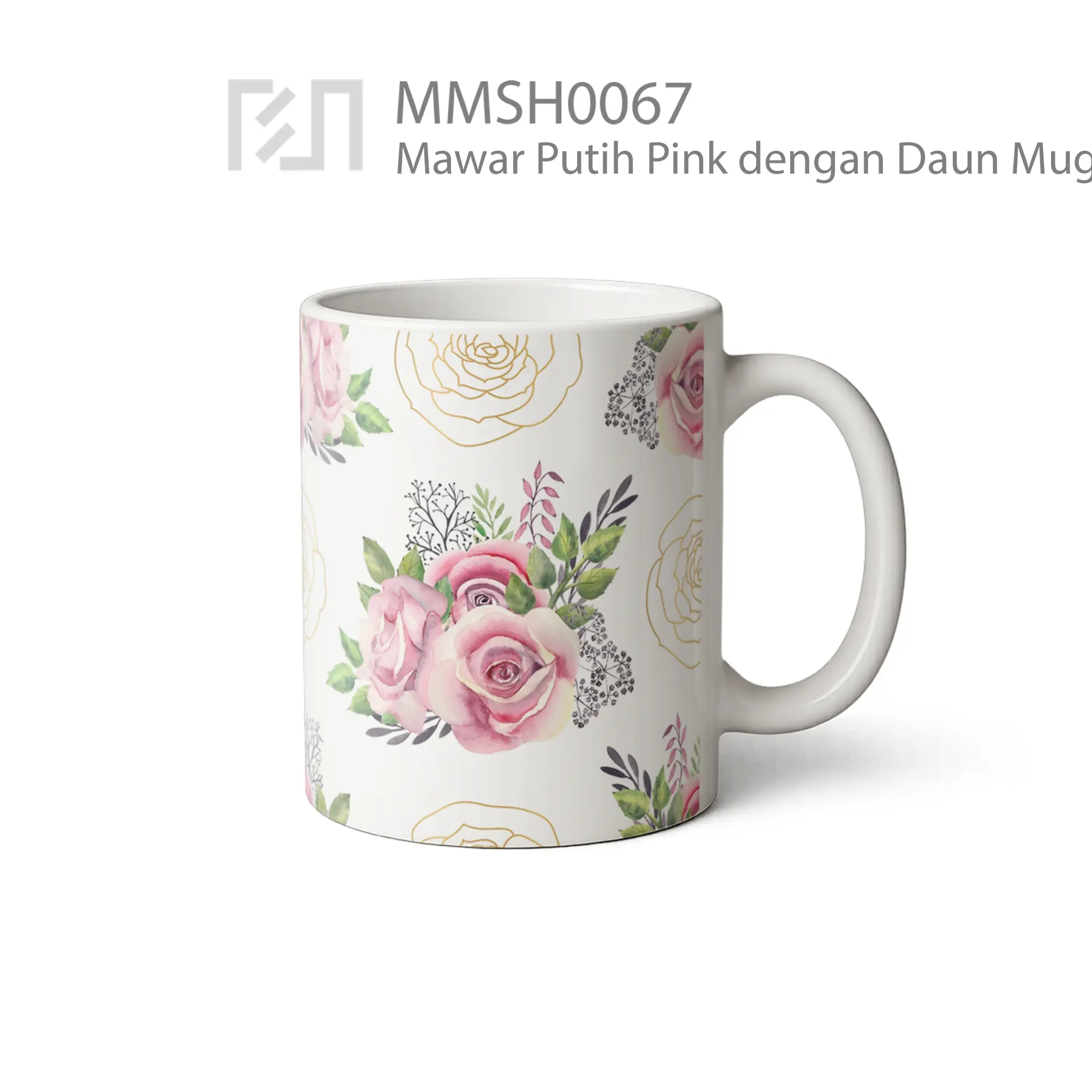 MMSH0067 Mawar Putih Pink dengan Daun Mug - Tampak Kanan