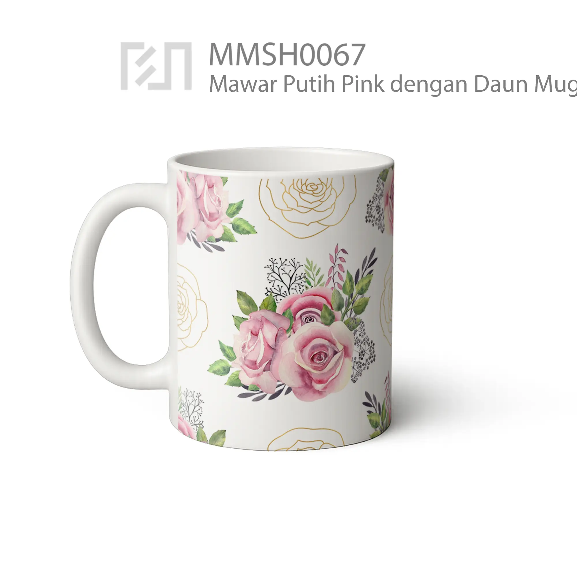 MMSH0067 Mawar Putih Pink dengan Daun Mug