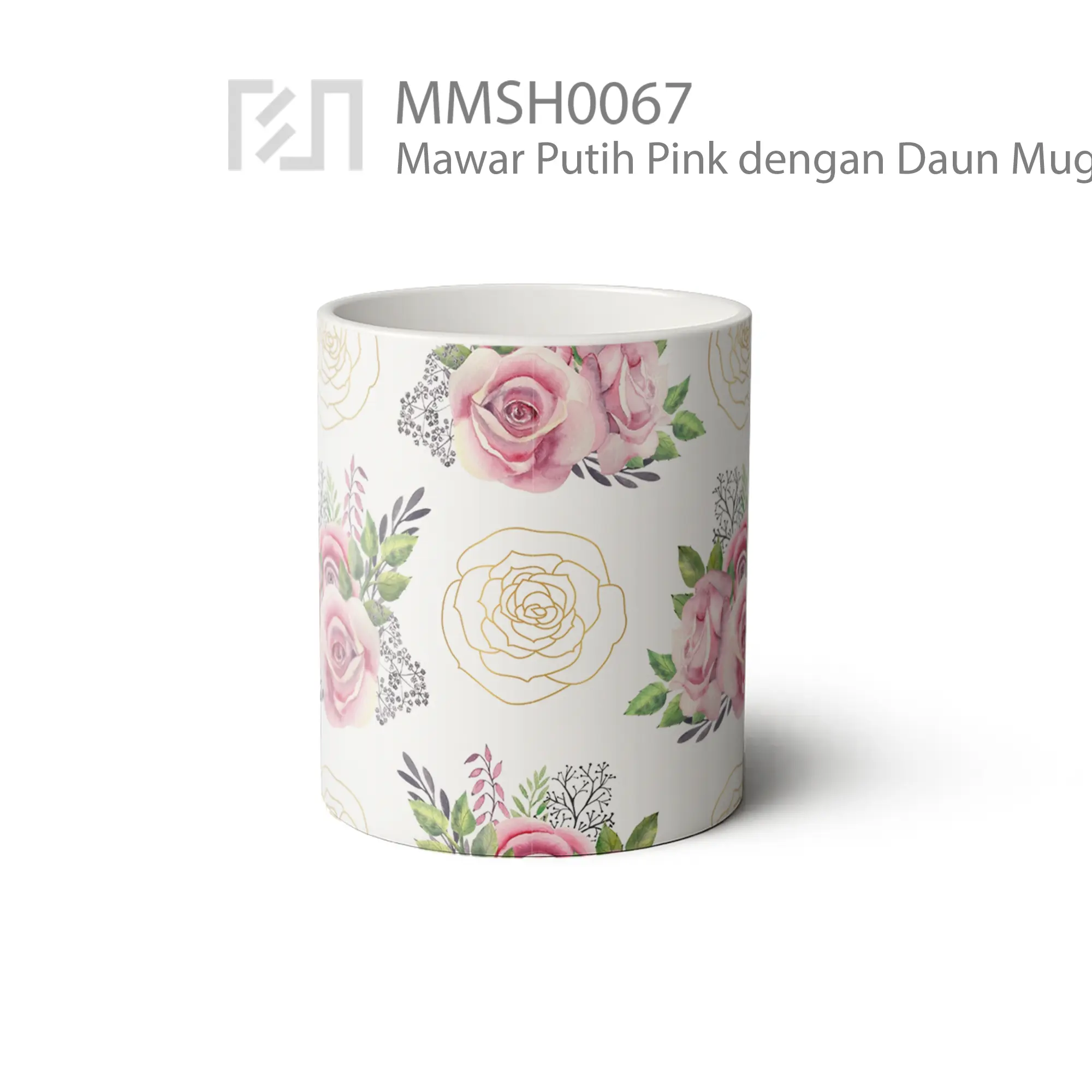 MMSH0067 Mawar Putih Pink dengan Daun Mug - Tampak Tengah