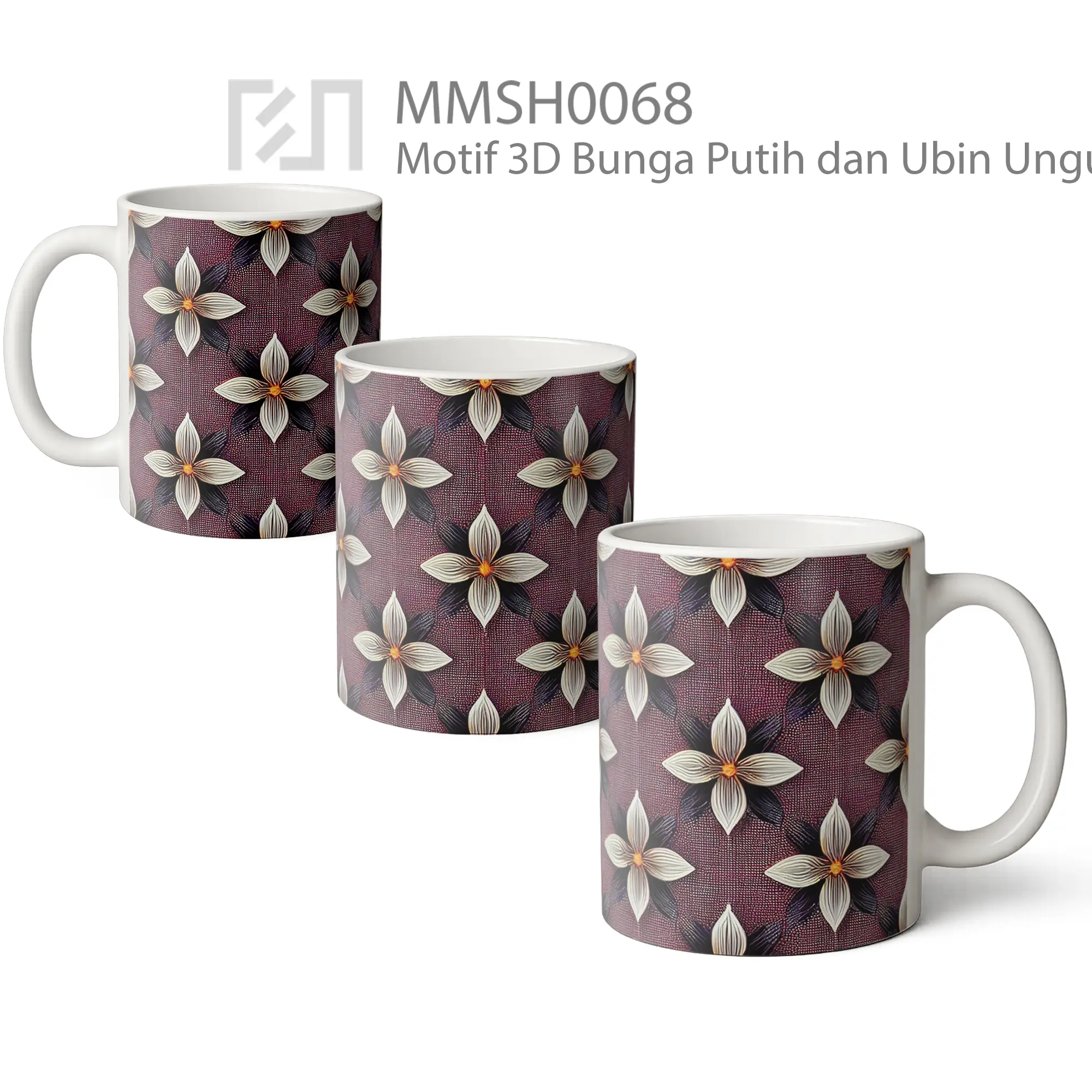 MMSH0068 Motif 3D Bunga Putih dan Ubin Ungu Mug - All-side / Desain