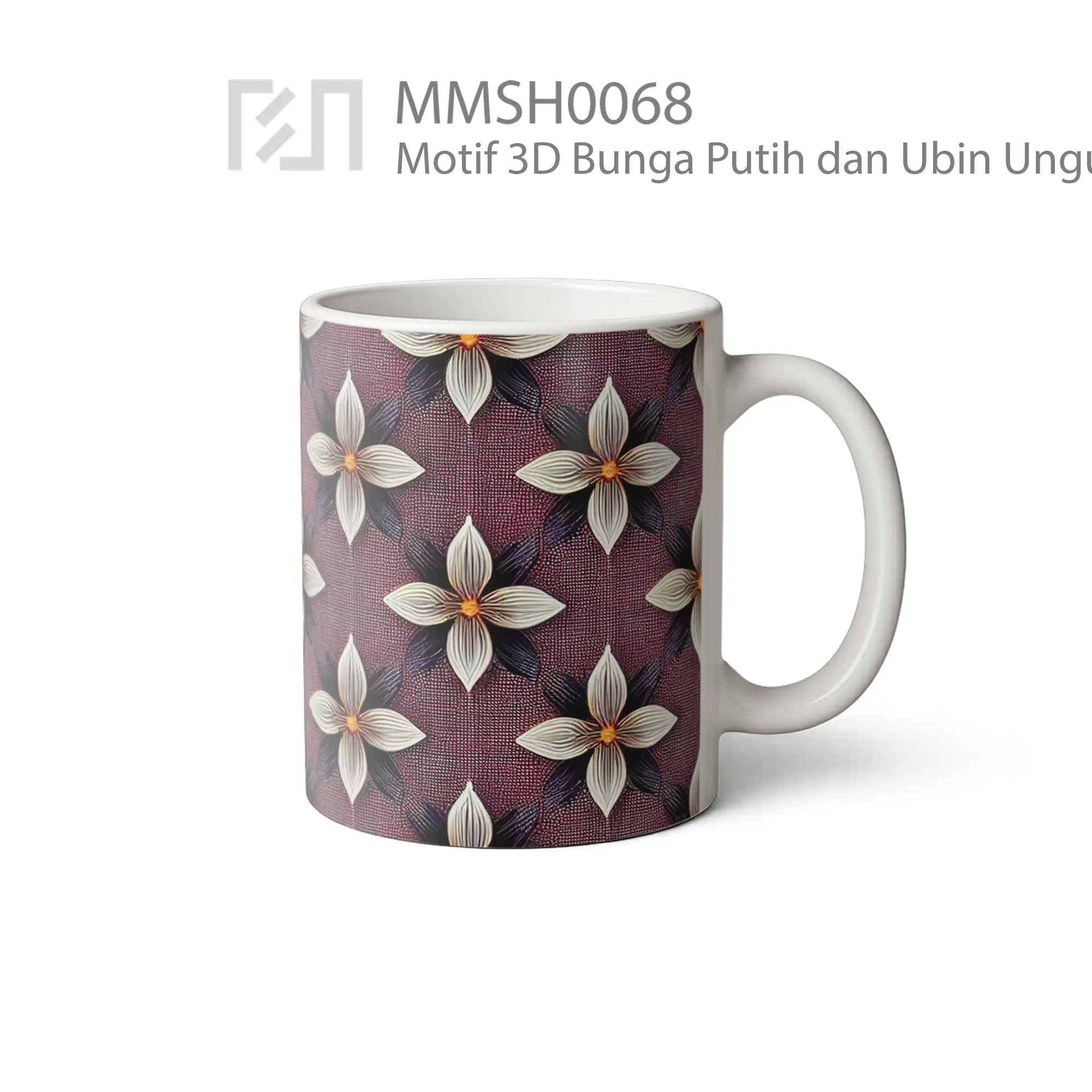 MMSH0068 Motif 3D Bunga Putih dan Ubin Ungu Mug - Tampak Kanan
