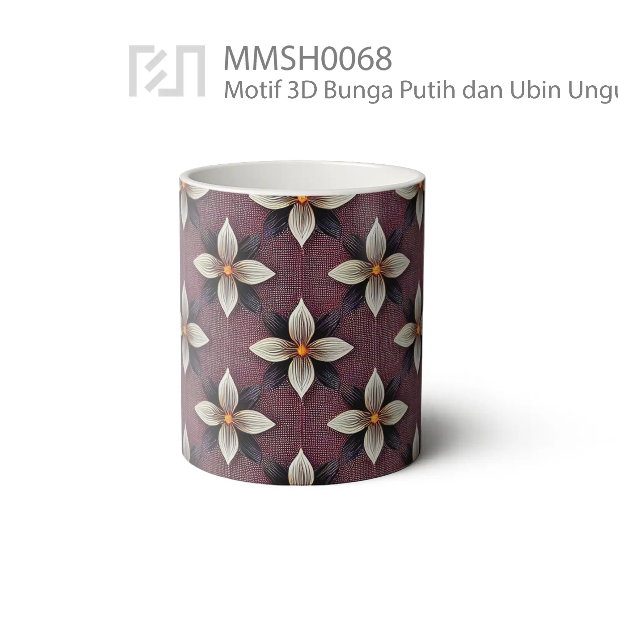 MMSH0068 Motif 3D Bunga Putih dan Ubin Ungu Mug - Tampak Tengah