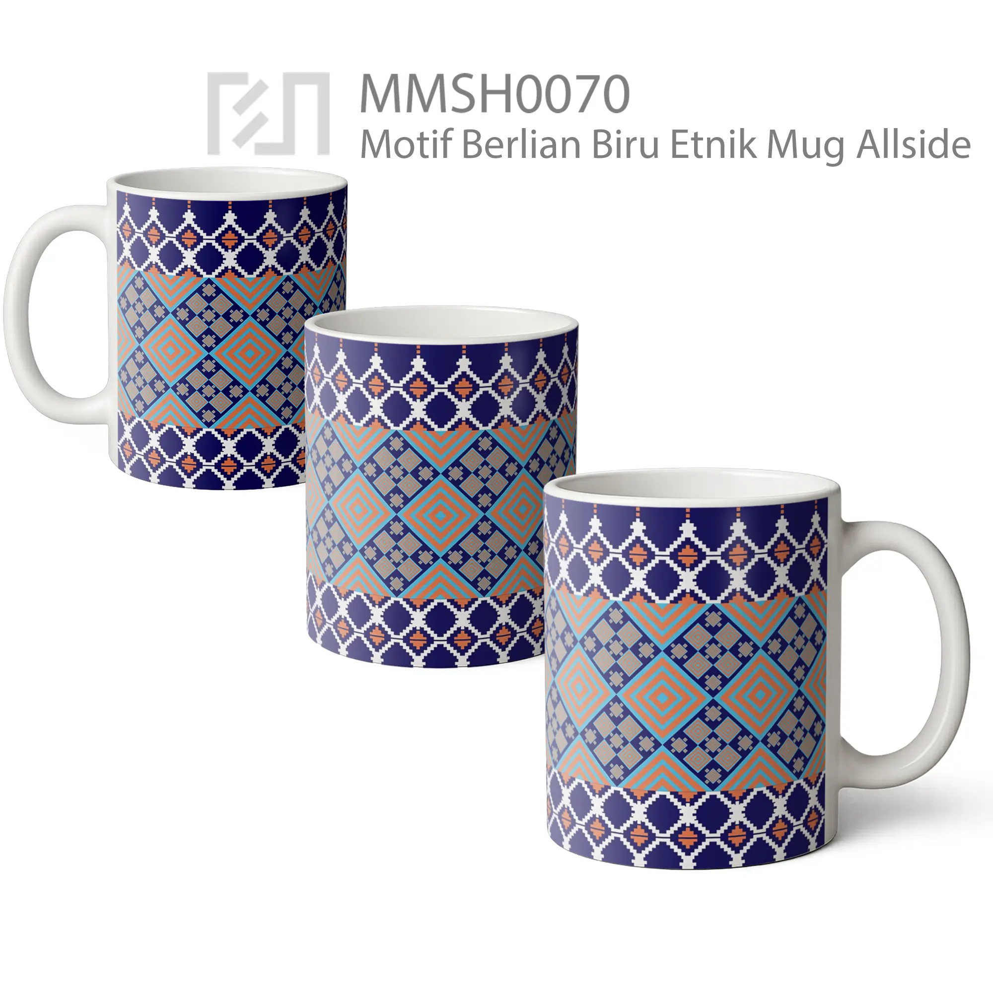 MMSH0070 Motif Berlian Biru Etnik Mug - All-side / Desain
