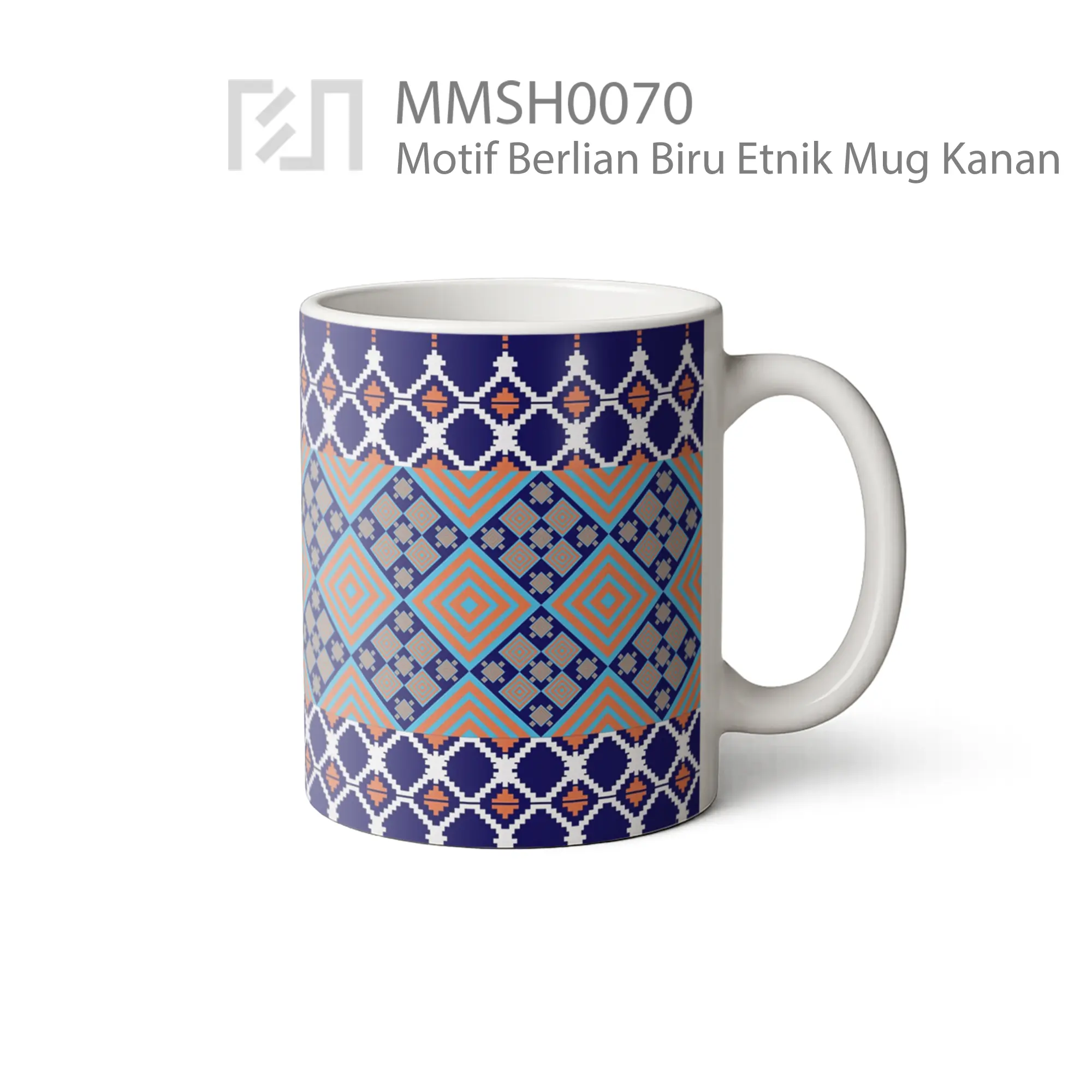 MMSH0070 Motif Berlian Biru Etnik Mug - Tampak Kanan