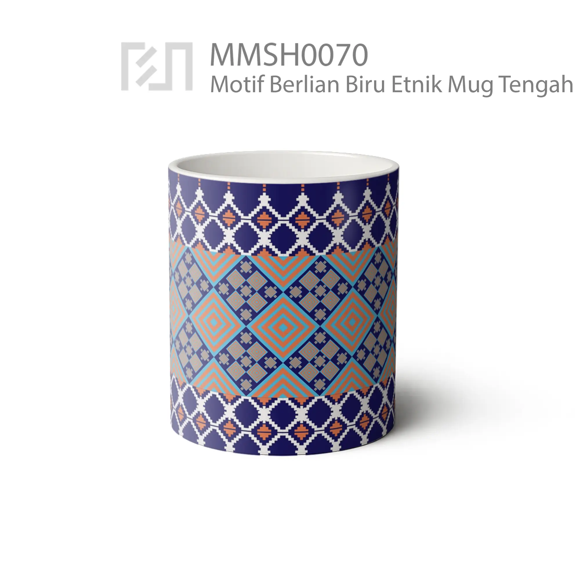 MMSH0070 Motif Berlian Biru Etnik Mug - Tampak Tengah