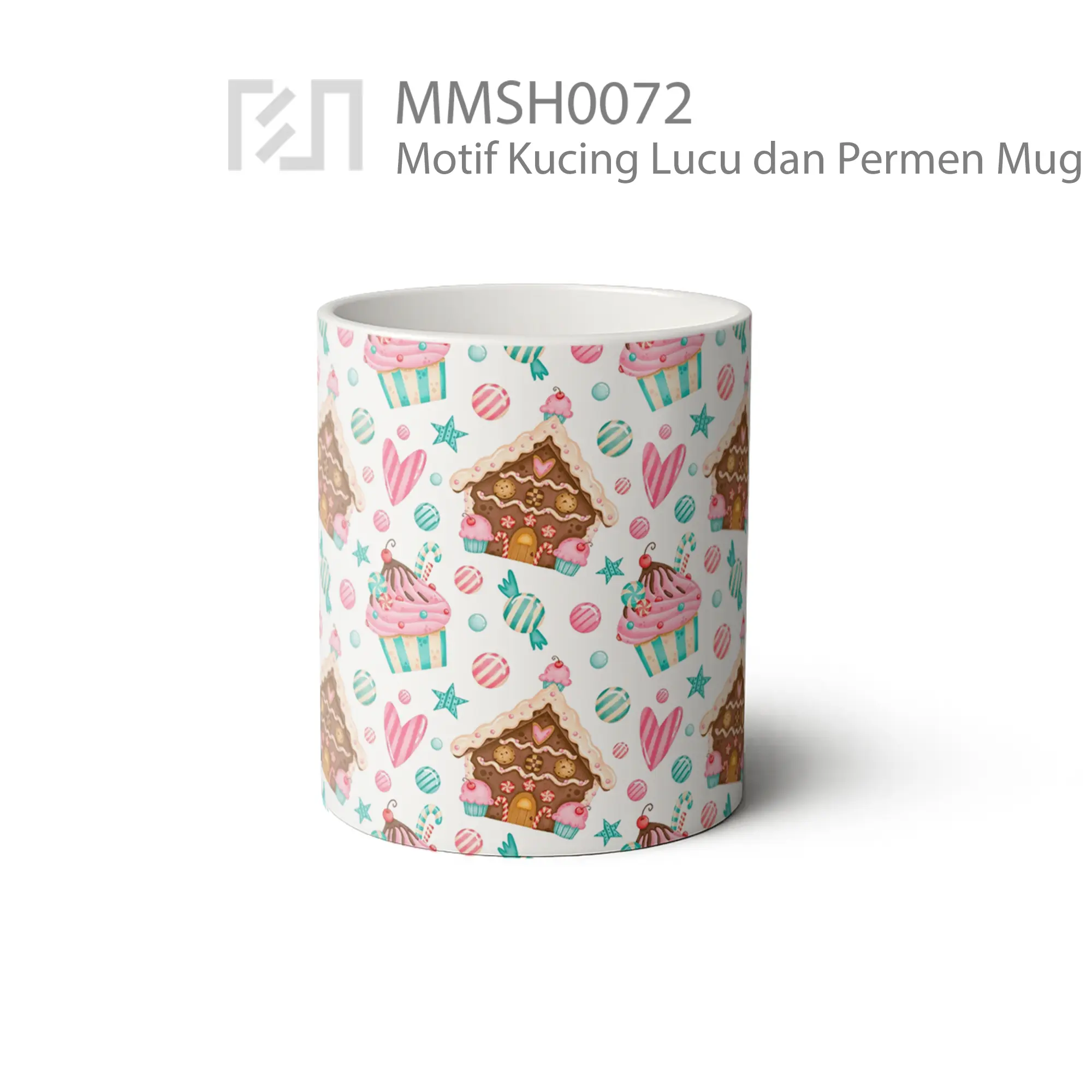 MMSH0072 Motif Kucing Lucu dan Permen Mug - Tampak Tengah
