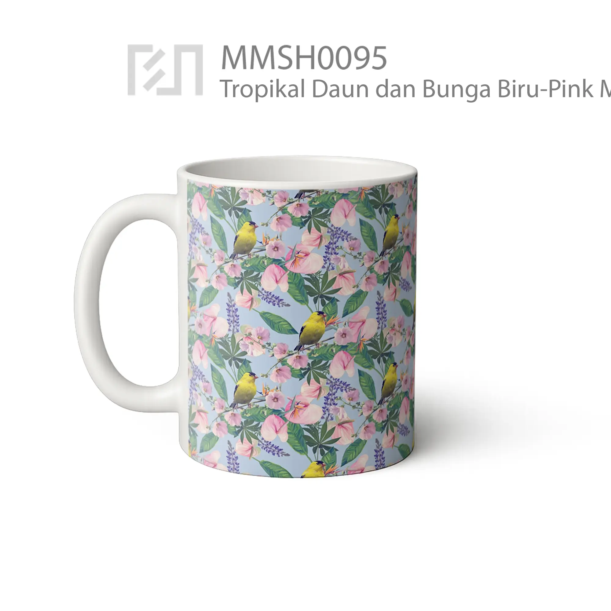 MMSH0095 Tropikal Daun dan Bunga Biru-Pink Mug
