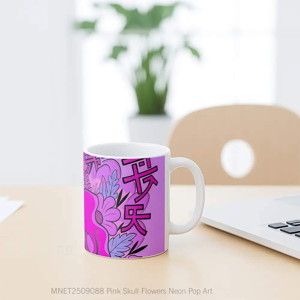 Pink Skull Flowers Neon Pop Art Mug MNET2509088 - All-side / Desain