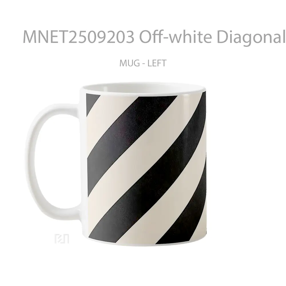Off White Diagonal Black White Stripes Patterned Mug MNET2509203 - All-side / Desain