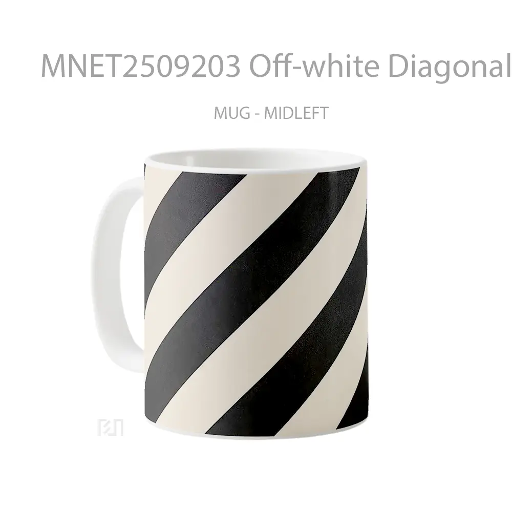 Off White Diagonal Black White Stripes Patterned Mug MNET2509203 - All-side / Desain