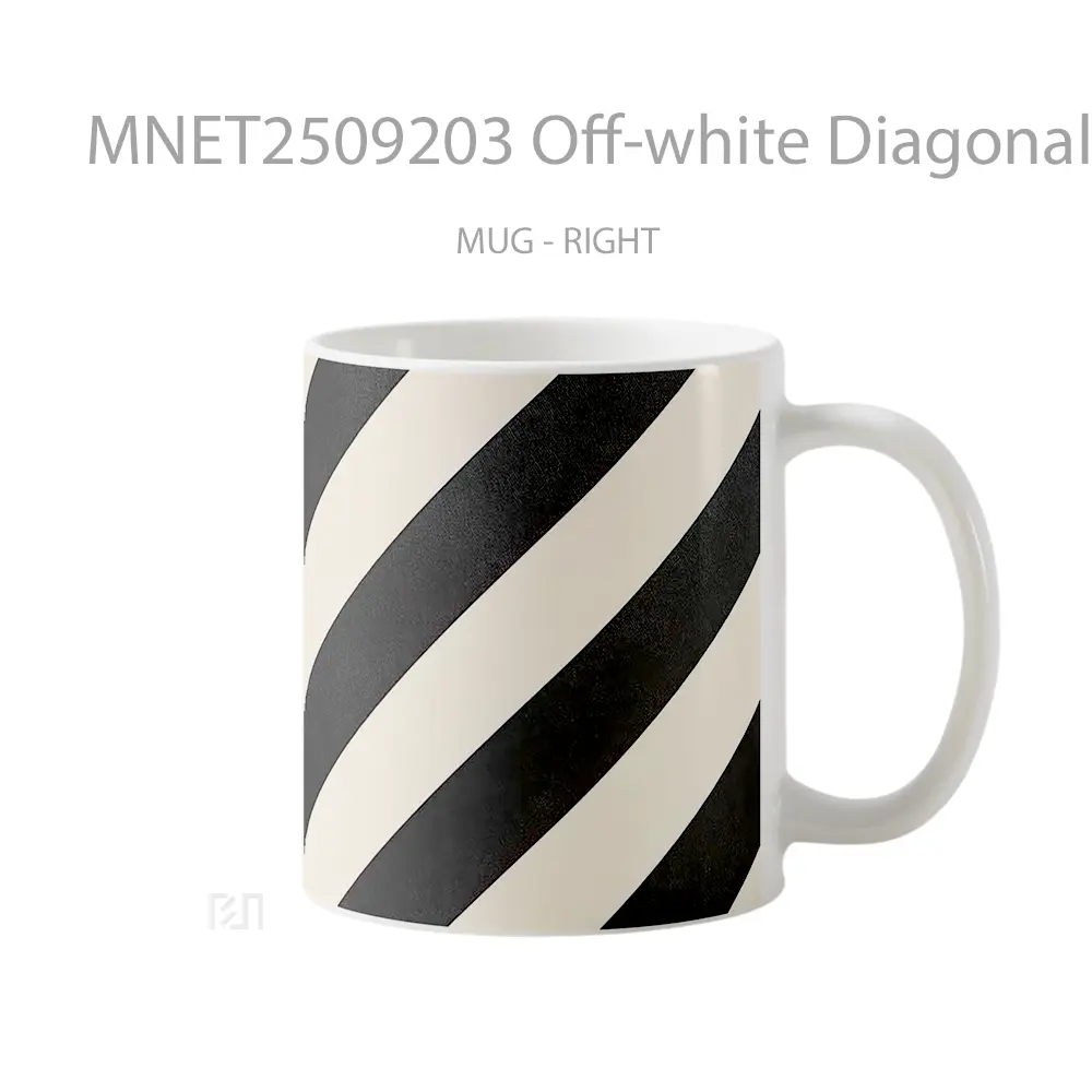 Off White Diagonal Black White Stripes Patterned Mug MNET2509203