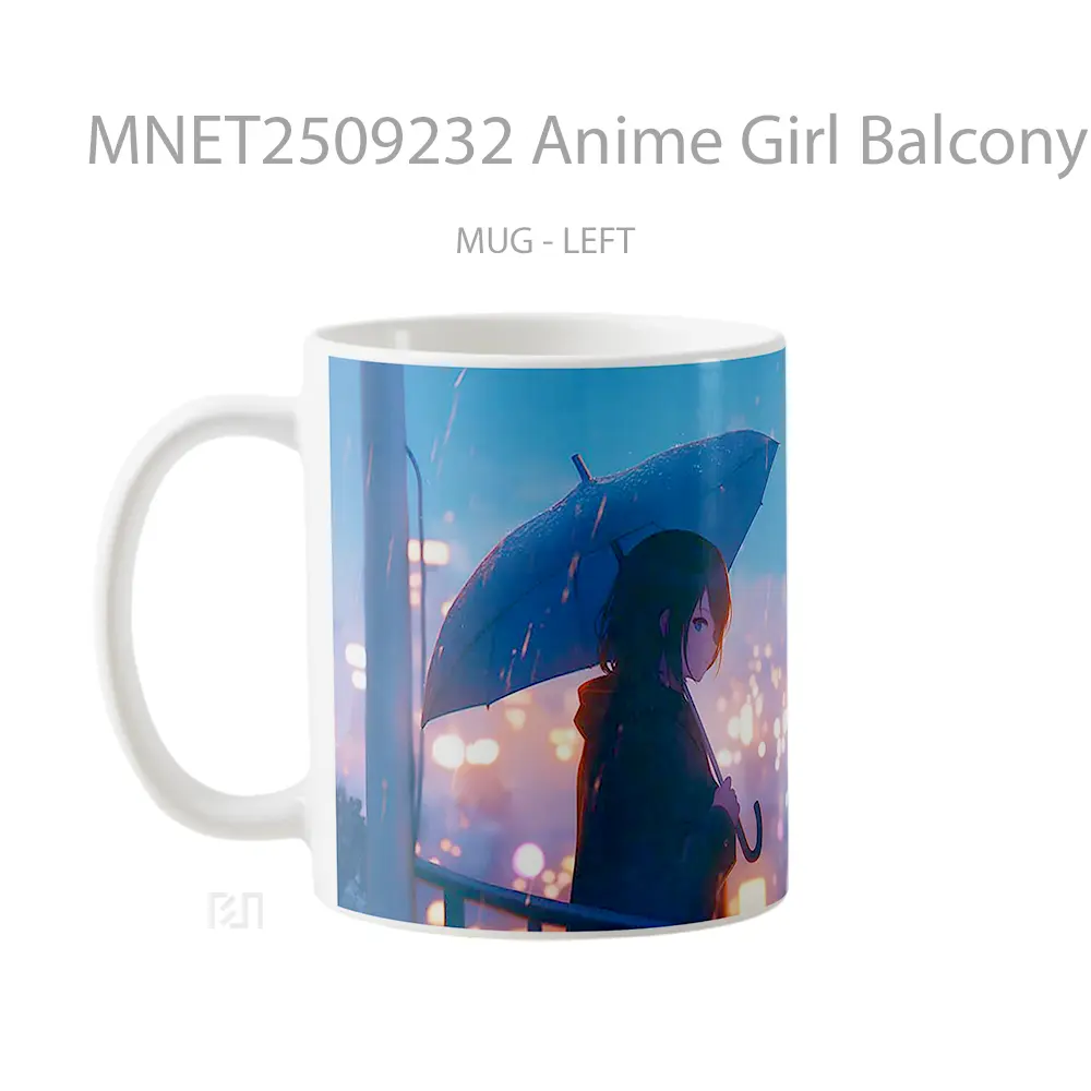 Anime Girl Balcony Umbrella City Lights Rain Mug MNET2509232 - All-side / Desain