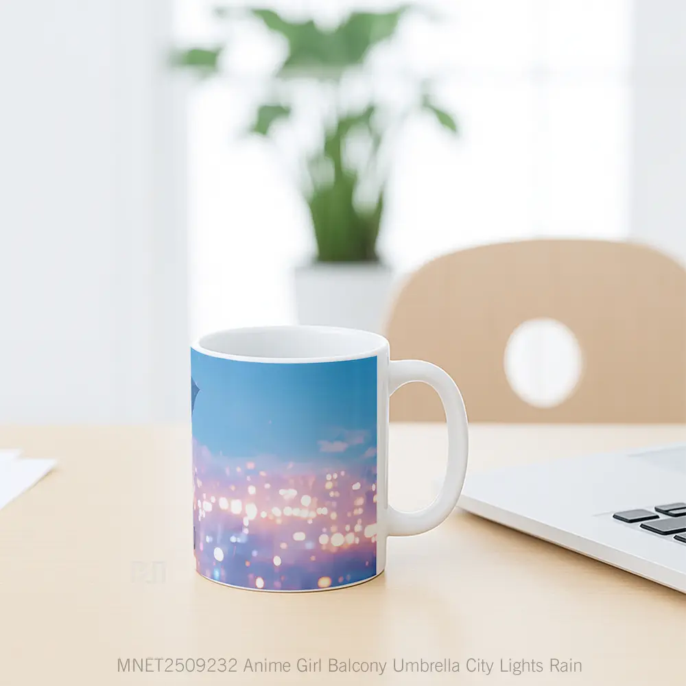 Anime Girl Balcony Umbrella City Lights Rain Mug MNET2509232 - All-side / Desain