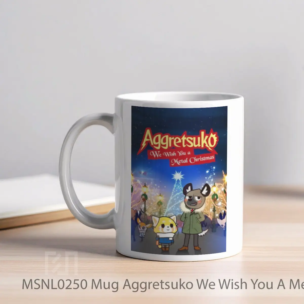 Mug Aggretsuko We Wish You A Metal Christmas Gelas Keramik Tema Film MSNL0250 - Tampak Kiri