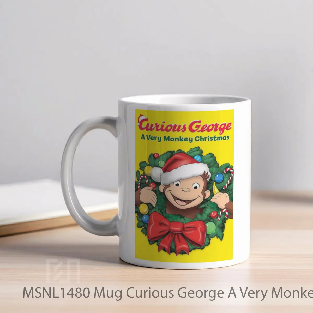 Mug Curious George A Very Monkey Christmas Gelas Keramik Tema Film MSNL1480 - Tampak Kiri