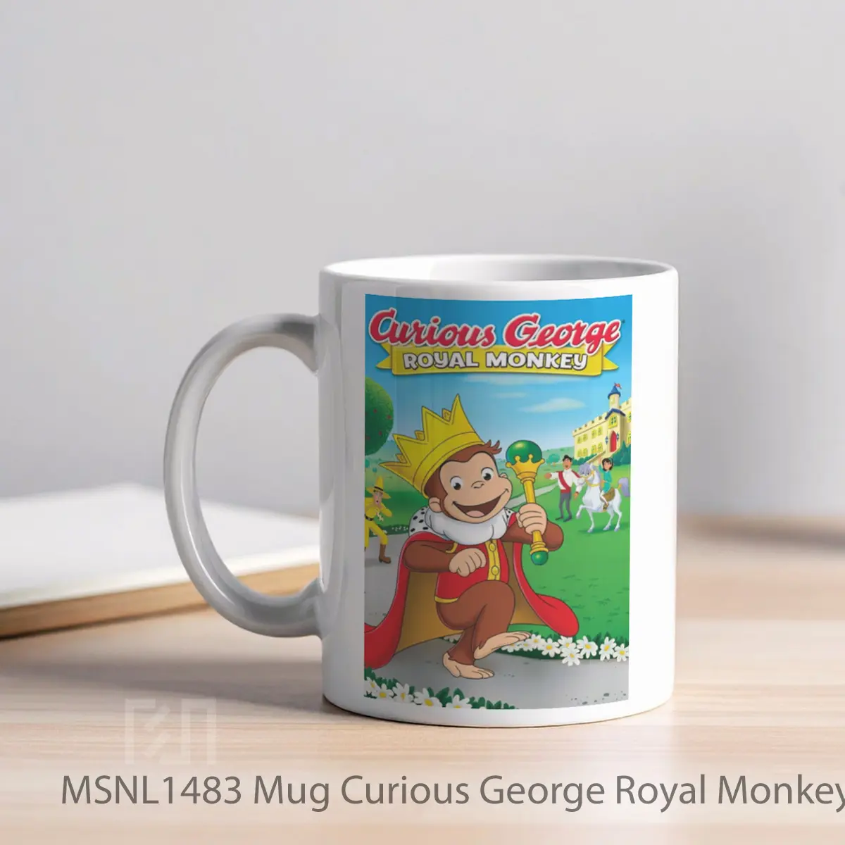 Mug Curious George Royal Monkey Gelas Keramik Tema Film MSNL1483 - Tampak Kiri