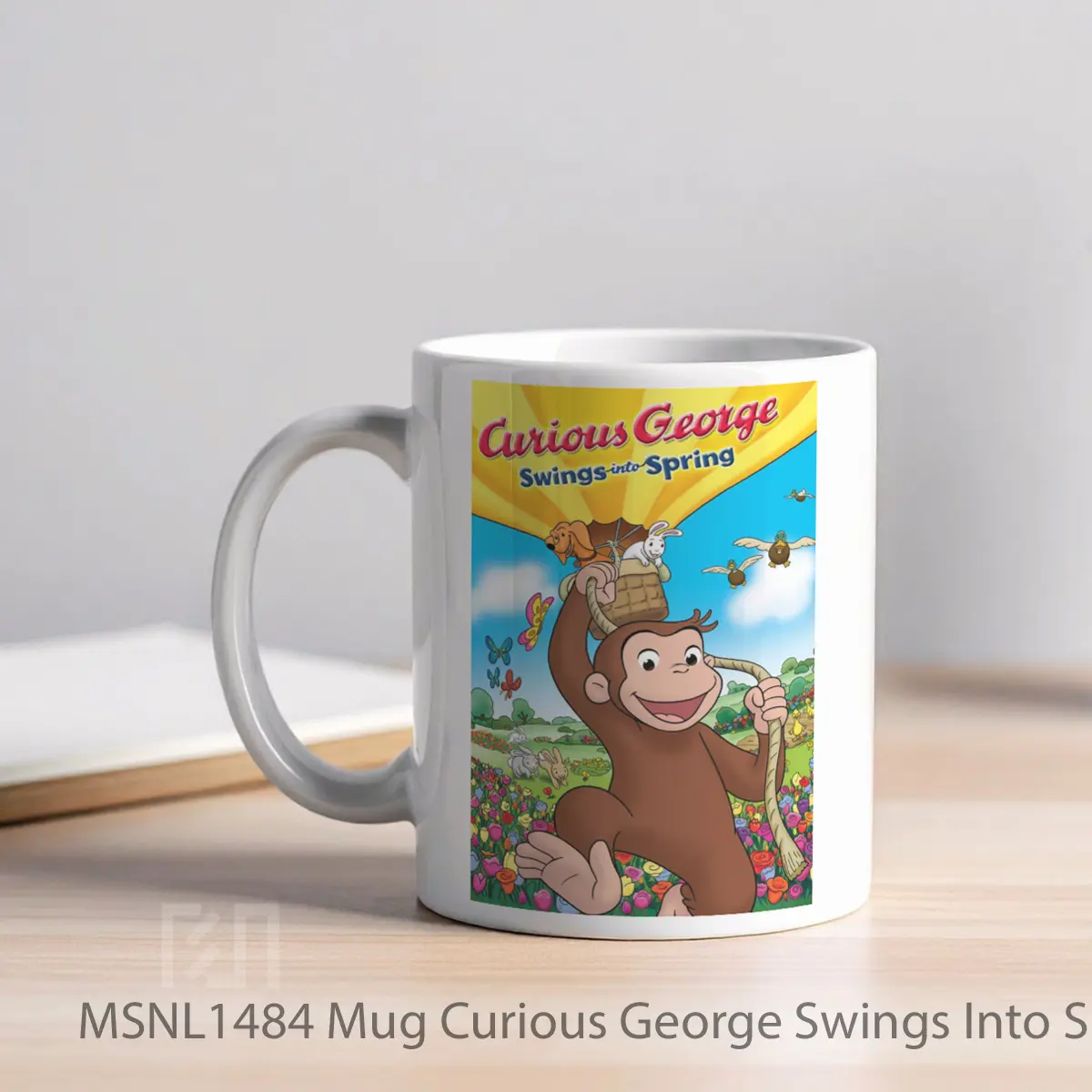 Mug Curious George Swings Into Spring Gelas Keramik Tema Film MSNL1484 - Tampak Kiri