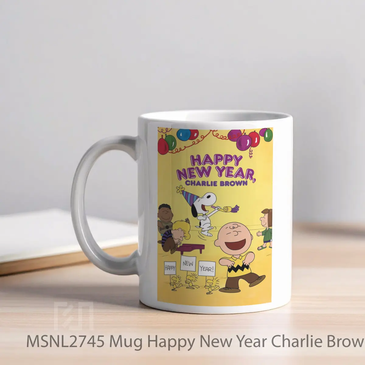 Mug Happy New Year Charlie Brown Gelas Keramik Tema Film MSNL2745 - Tampak Kiri