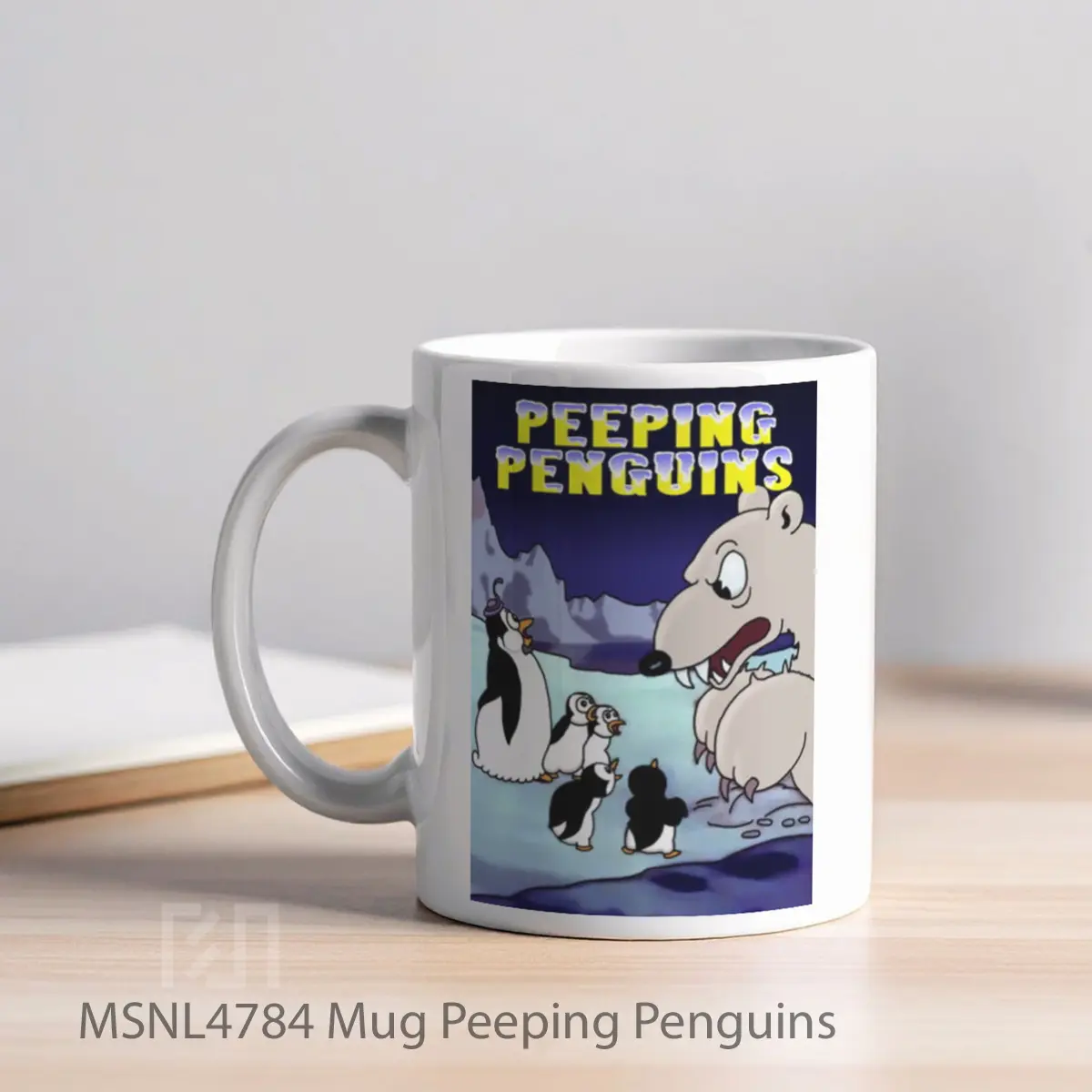 Mug Peeping Penguins Gelas Keramik Tema Film MSNL4784 - Tampak Kiri