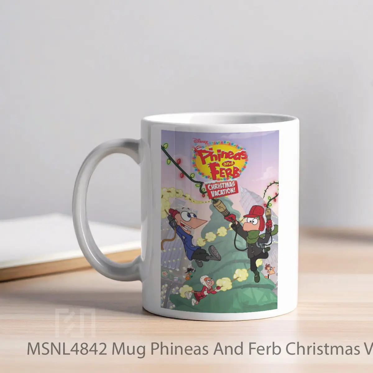 Mug Phineas And Ferb Christmas Vacation Gelas Keramik Tema Film MSNL4842 - Tampak Kiri