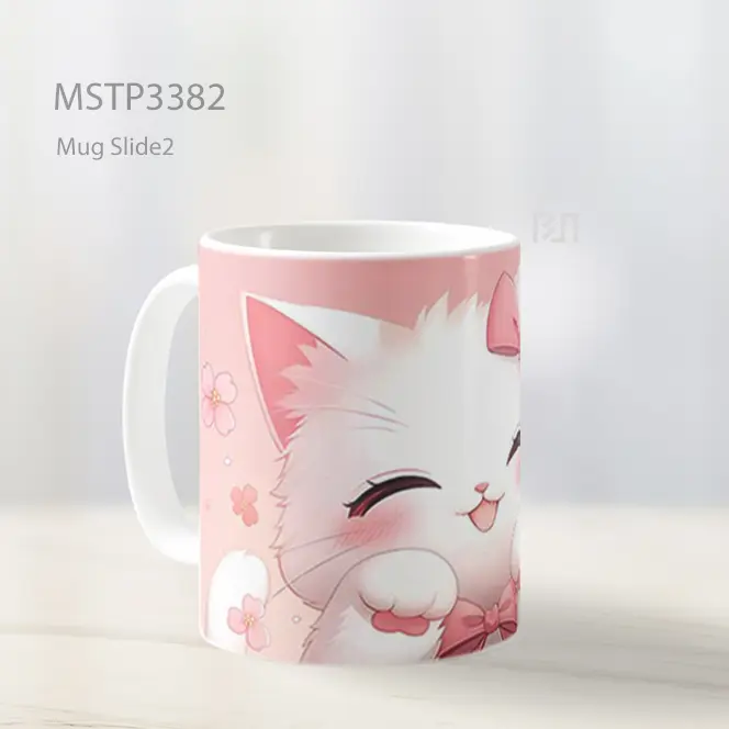 Kucing Putih Pita Pink Mug MSTP3382 - All-side / Desain