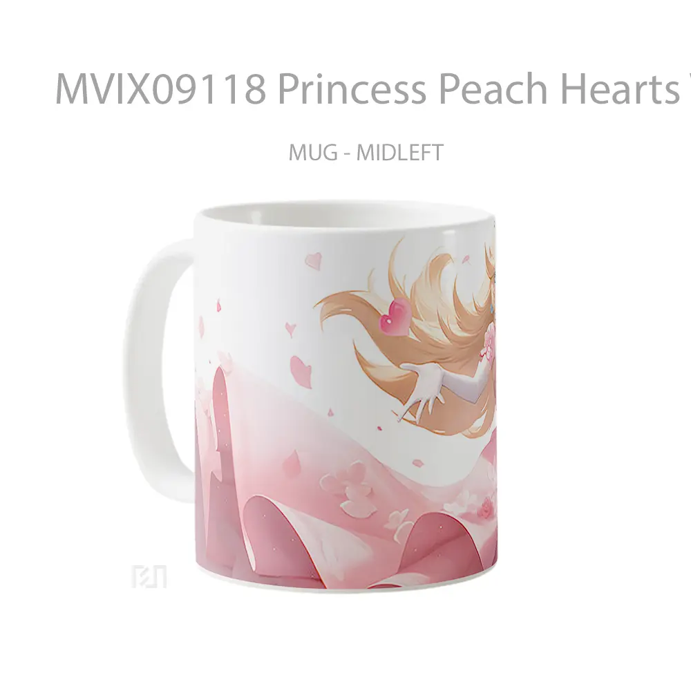 Mug Princess Peach Hearts White Gelas Keramik Desain Unik - All-side / Desain