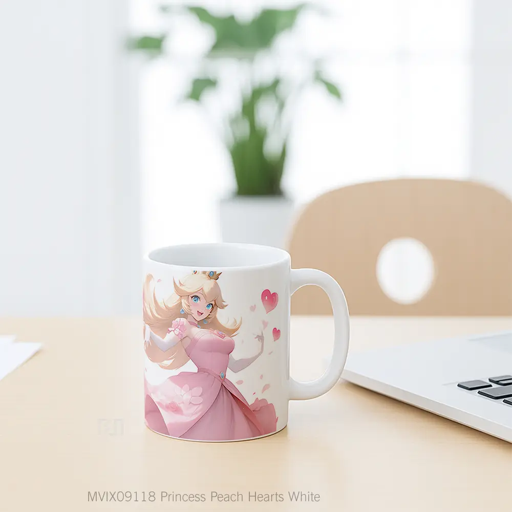 Mug Princess Peach Hearts White Gelas Keramik Desain Unik - All-side / Desain