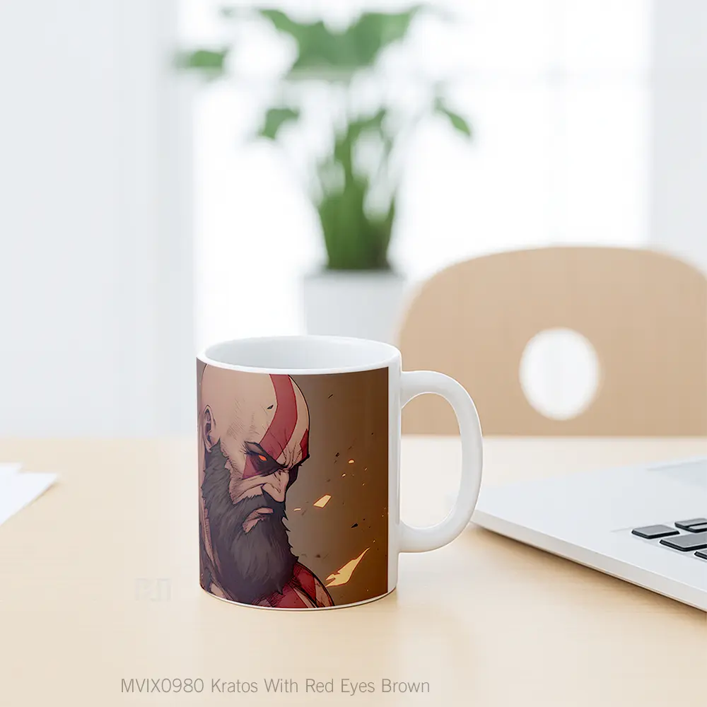 Mug Kratos With Red Eyes Brown Gelas Keramik Desain Unik - All-side / Desain