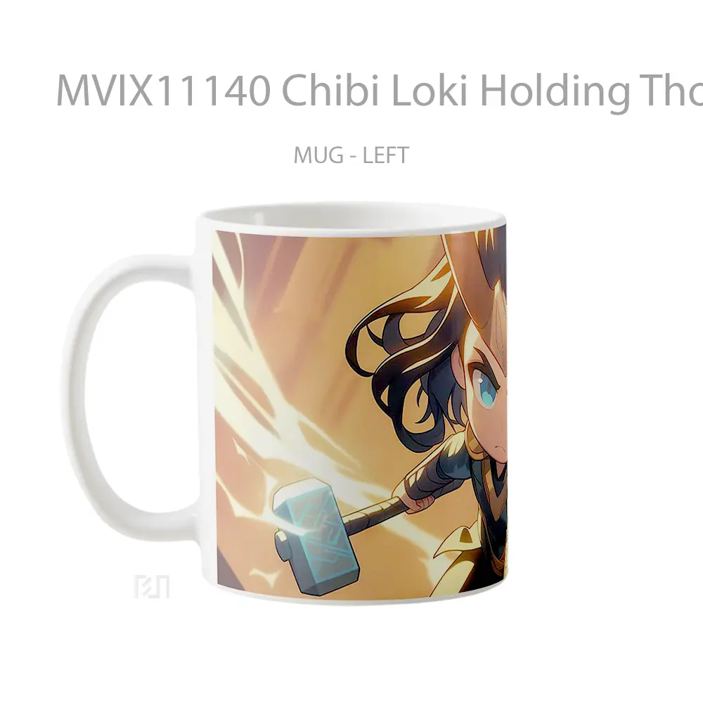Mug Chibi Loki Holding Thors Hammer Gelas Keramik Desain Unik - All-side / Desain
