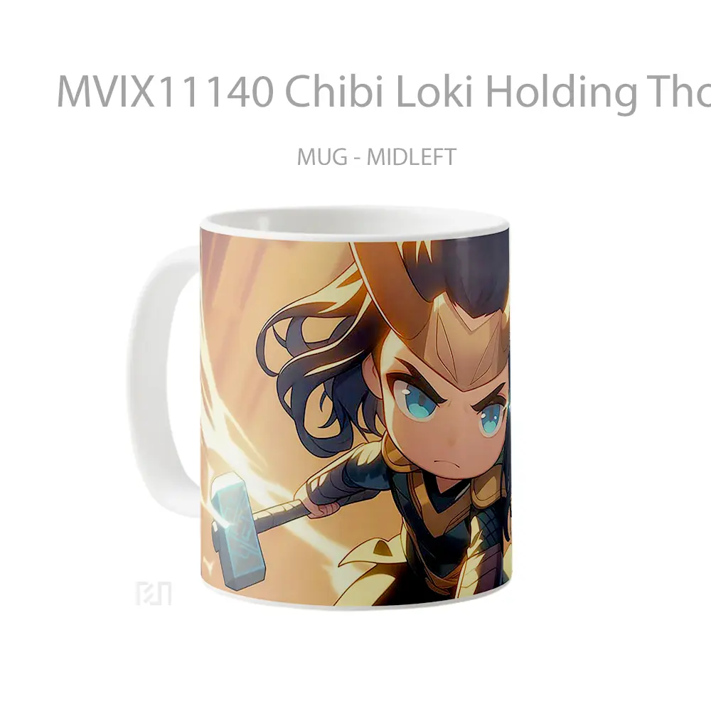 Mug Chibi Loki Holding Thors Hammer Gelas Keramik Desain Unik - All-side / Desain