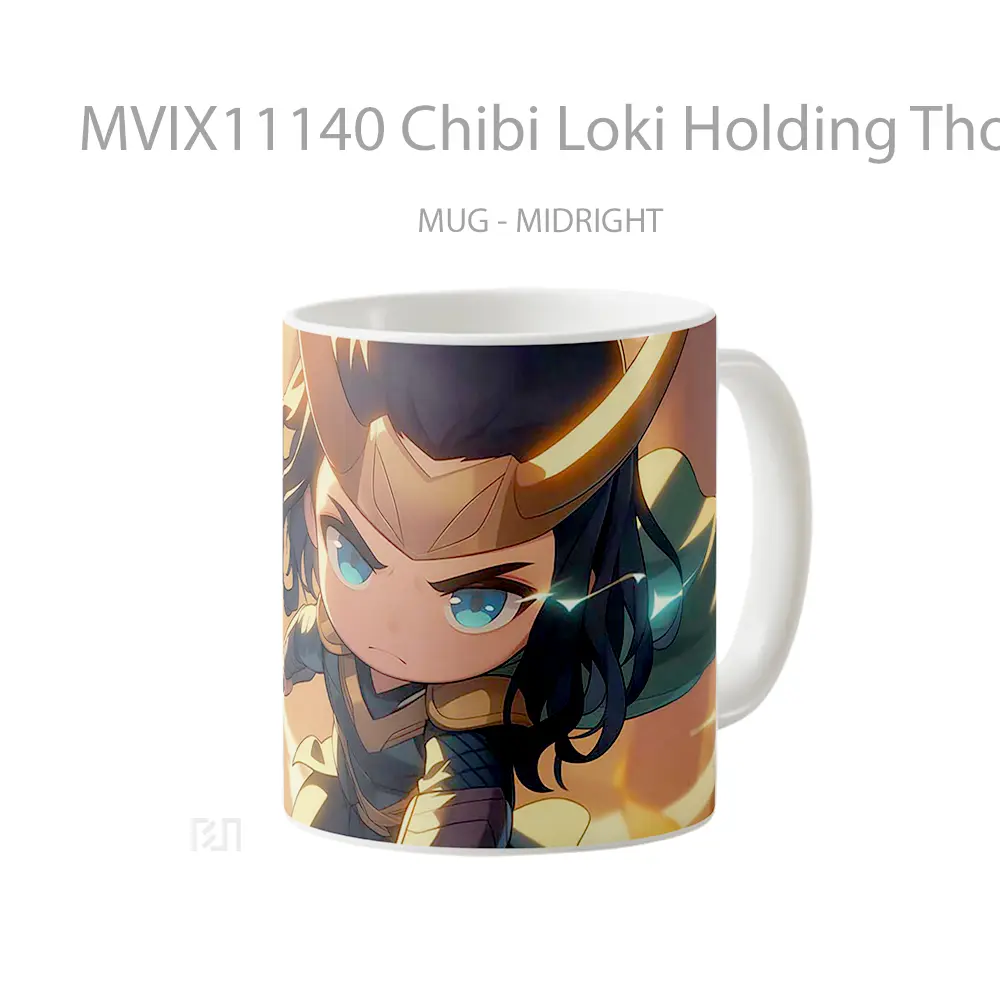 Mug Chibi Loki Holding Thors Hammer Gelas Keramik Desain Unik - All-side / Desain