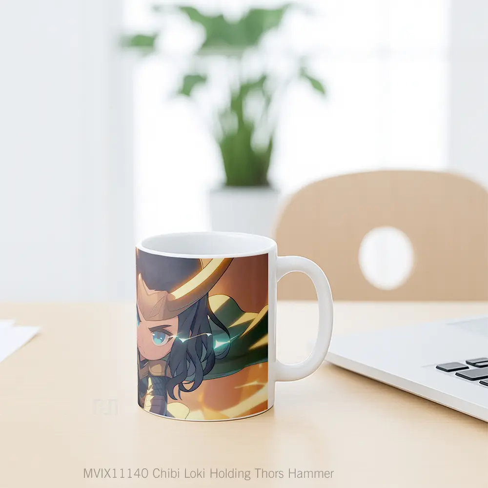 Mug Chibi Loki Holding Thors Hammer Gelas Keramik Desain Unik - All-side / Desain