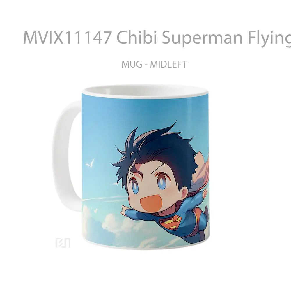 Mug Chibi Superman Flying Among Clouds Hadiah Spesial Fans Superhero - All-side / Desain