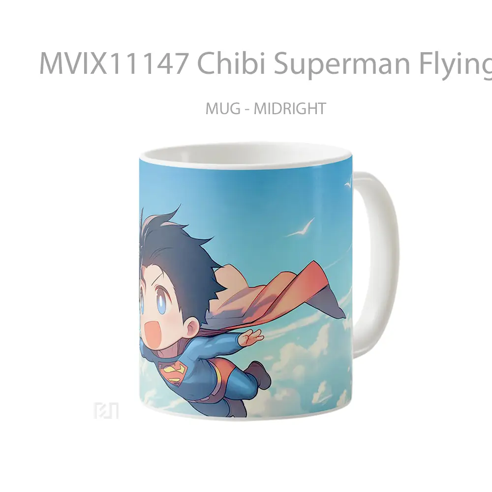 Mug Chibi Superman Flying Among Clouds Hadiah Spesial Fans Superhero - All-side / Desain