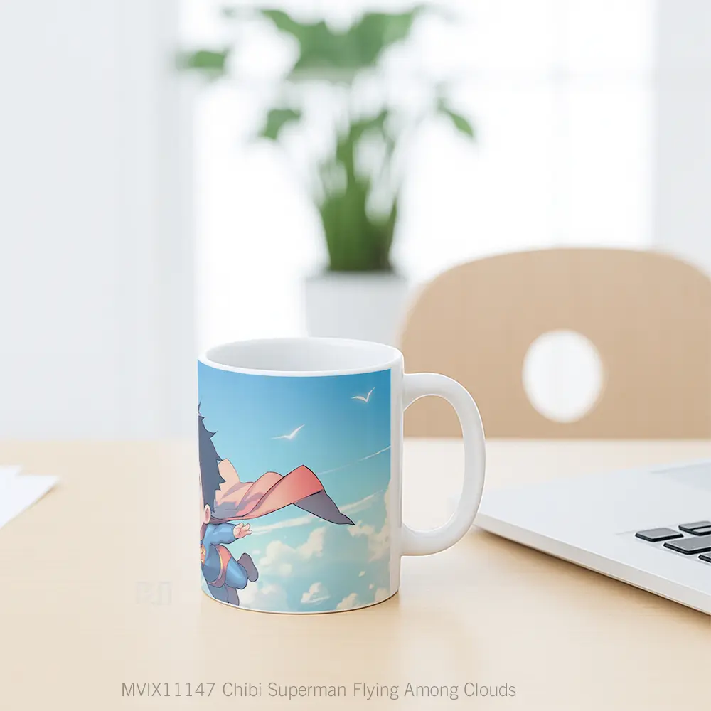 Mug Chibi Superman Flying Among Clouds Hadiah Spesial Fans Superhero - All-side / Desain