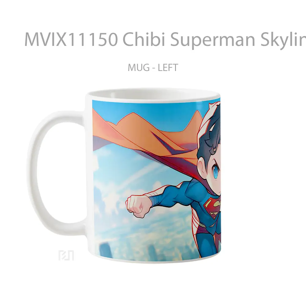 Mug Chibi Superman Skyline Background Merchandise Karakter Ikonik - All-side / Desain