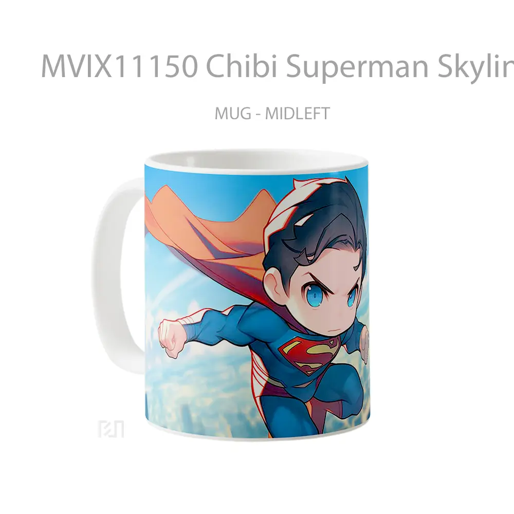 Mug Chibi Superman Skyline Background Merchandise Karakter Ikonik - All-side / Desain